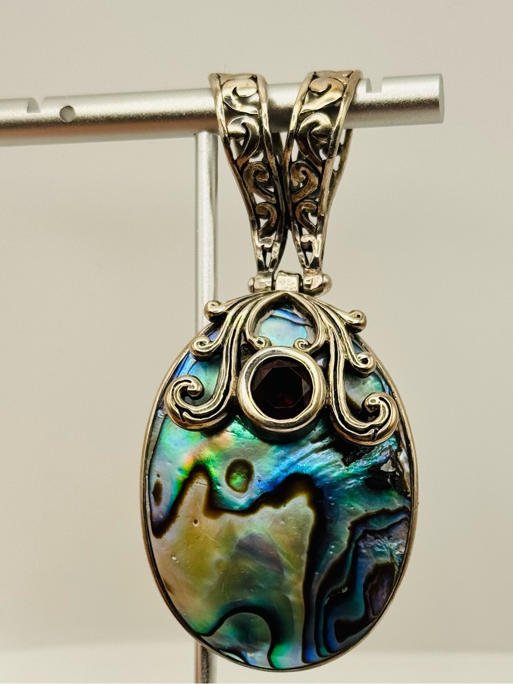 Sterling Silver Abalone Pendant with Garnet Accent